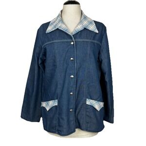 Vtg Prior Westerns Denver‎ Denim Reversible Jacket Womens L Chore Coat Plaid 70s